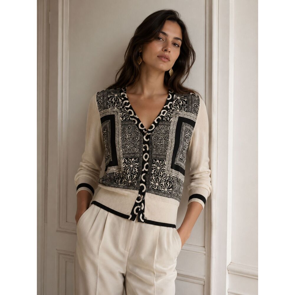 ETRO Made in Italy Black Cream Pattern Button Up Cardigan Top  Women's Size 46
